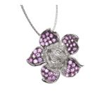 14CT WHITE GOLD PINK SAPPHIRE AND DIAMOND PENDANT ON 18CT WHITE GOLD CHAIN