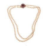 DOUBLE STRAND OF FAUX PEARLS WITH CRYSTAL CLASP