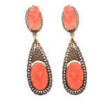 PAIR OF GOLD-TONE CORAL AND CAMEO-SET EARRINGS