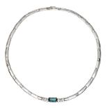 18CT WHITE GOLD GREEN TOURMALINE AND DIAMOND NECKLACE