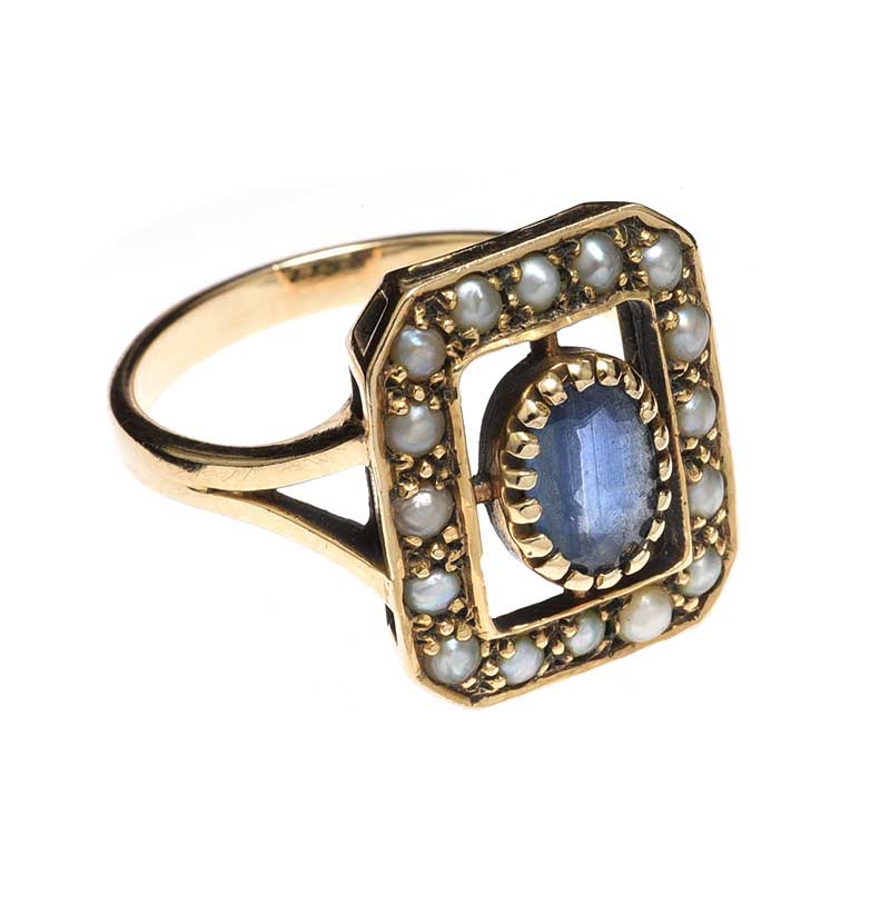 9CT GOLD BLUE STONE AND SEED PEARL RING - Image 2 of 3