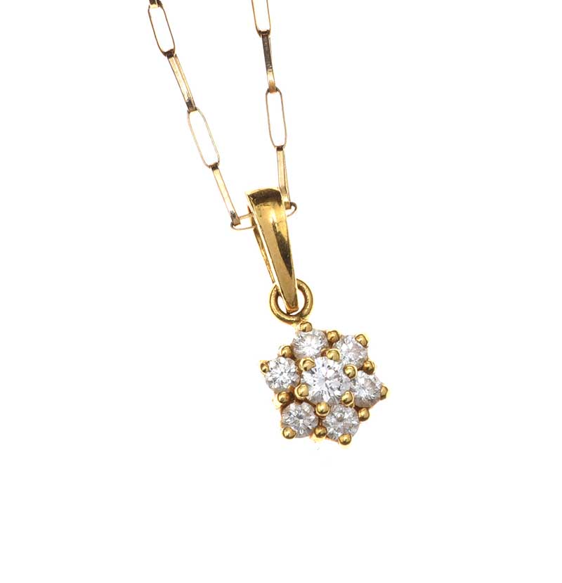 18CT GOLD DIAMOND FLORAL CLUSTER PENDANT AND CHAIN