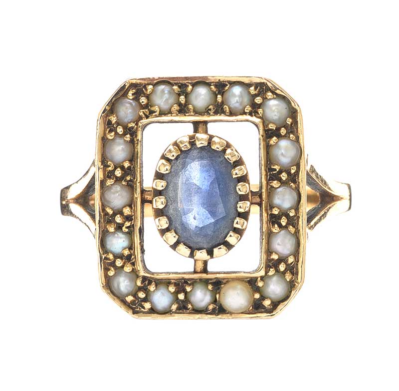 9CT GOLD BLUE STONE AND SEED PEARL RING