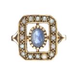 9CT GOLD BLUE STONE AND SEED PEARL RING