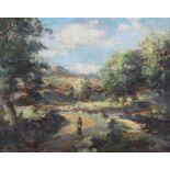 Charles McAuley - FIGURE ON A PATH BY A RIVER - Oil on Board - 20 x 25 inches - Signed