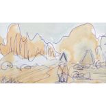 Markey Robinson - SHAWLIES RETURNING HOME - Pen & Ink Drawing with Watercolour Wash - 4 x 7 inches -