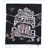 Lynda Cookson - TIRED OLD BUS - Coloured Linocut - 6 x 5 inches - Signed