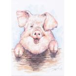 Andy Saunders - OINK OINK - Watercolour Drawing - 7 x 5 inches - Signed