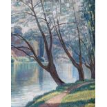 John Turner, RUA - SUNLIT PATH BY THE RIVERBANK - Oil on Canvas - 29 x 23 inches - Signed