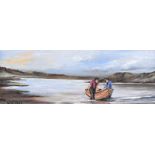 W.J. Page - DONEGAL BOATMEN - Oil on Board - 6 x 16 inches - Signed
