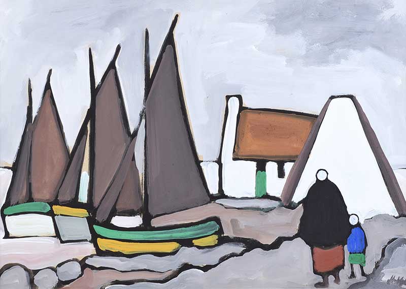 Markey Robinson - IRISH COTTAGE & FISHING BOATS - Gouche on Board - 16 x 22 inches - Signed