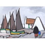 Markey Robinson - IRISH COTTAGE & FISHING BOATS - Gouche on Board - 16 x 22 inches - Signed