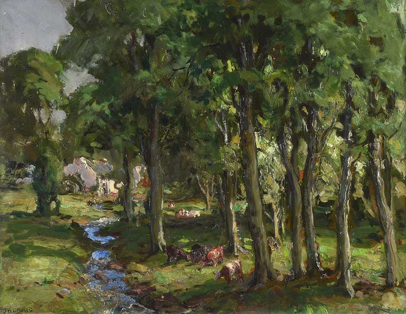 James Humbert Craig, RHA, RUA - CATTLE GRAZING BY A RIVER - Oil on Board - 15 x 20 inches - Signed