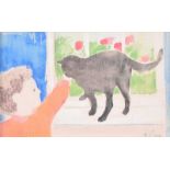 Tom Carr, HRHA, HRUA RWS - GIRL WITH THE BLACK CAT - Watercolour Drawing - 4 x 6 inches - Signed