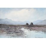 William Percy French - TURF STACKS & BOGLANDS, CONNEMARA - Watercolour Drawing - 9 x 13.5 inches -