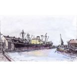 Maurice Canning Wilks, ARHA, RUA - BY THE PIER - Pen & Ink Drawing with Watercolour Wash - 8 x 13