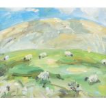 David Johnston - SHEEP GRAZING - Oil on Board - 10 x 11.5 inches - Signed