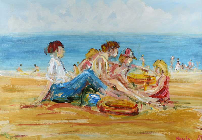 Marie Carroll - PLAYING ON THE BEACH - Oil on Board - 26 x 38 inches - Signed