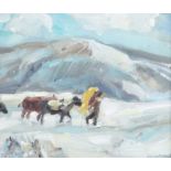 David Johnston - FEEDING TIME IN THE WINTER - Oil on Board - 9 x 11 inches - Signed
