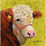 Ronald Keefer - BULL ON YELLOW - Oil on Board - 24 x 24 inches - Signed
