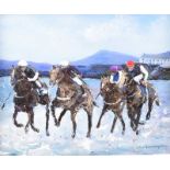 Sean Lorinyenko - HORSES RACING ON DOWNINGS BEACH, DONEGAL - Watercolour Drawing - 7.5 x 9.5