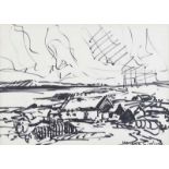 Maurice Canning Wilks, ARHA, RUA - IRISH COTTAGE IN A LANDSCAPE - Pen & Ink Drawing - 7 x 9 inches -