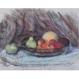 Hilary Bryson - STILL LIFE, DARK GLASS BOWL WITH MELON, PEAR & APPLE - Pastel on Paper - 15 x 19