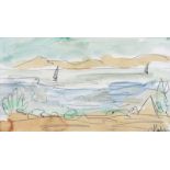 Markey Robinson - SAILING OFF THE COAST - Pen & Ink Drawing with Watercolour Wash - 5 x 9 inches -