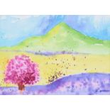 Lynda Cookson - CHERRY BLOSSOM, CANOLA & LAVENDER - Watercolour Drawing - 7.5 x 10 inches - Signed