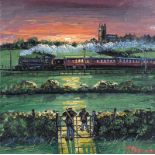 James Downie - TRAIN PASSING AT SUNSET - Oil on Canvas - 12 x 12 inches - Signed