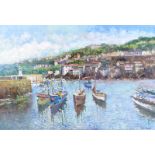 John Ambrose - FISHING BOATS IN A CORNISH HARBOUR - Oil on Board - 24 x 36 inches - Signed