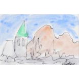 Markey Robinson - CHURCH BY THE MOUNTAIN - Pen & Ink Drawing with Watercolour Wash - 5 x 7