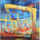 John Stewart - BELFAST CRANES - Oil on Canvas - 7.5 x 7.5 inches - Signed in Monogram