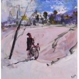 Rachel Grainger Hunt - CYCLING HOME - Acrylic on Board - 15.5 x 15.5 inches - Signed in Monogram