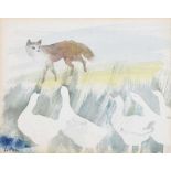 Tom Carr, HRHA, HRUA RWS - FOX & GEESE - Watercolour Drawing - 4 x 5 inches - Signed