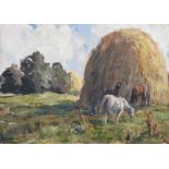 James Humbert Craig, RHA, RUA - YOUNG HORSES GRAZING - Oil on Board - 10 x 14 inches - Signed