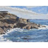 Marjorie Doreen Penson - BOAT HOUSES ON THE ROCKS - Oil on Board - 5.5 x 7 inches - Unsigned