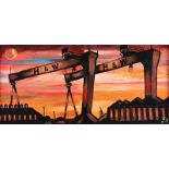 John Stewart - HARLAND & WOLFF SUNSET - Oil on Canvas - 10 x 20 inches - Signed in Monogram