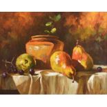 Donal McNaughton - STILL LIFE, APPLES & PEARS - Oil on Board - 16 x 20 inches - Signed