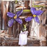 Colin Flack - STILL LIFE, PURPLE FLOWERS - Oil on Board - 6 x 6 inches - Signed