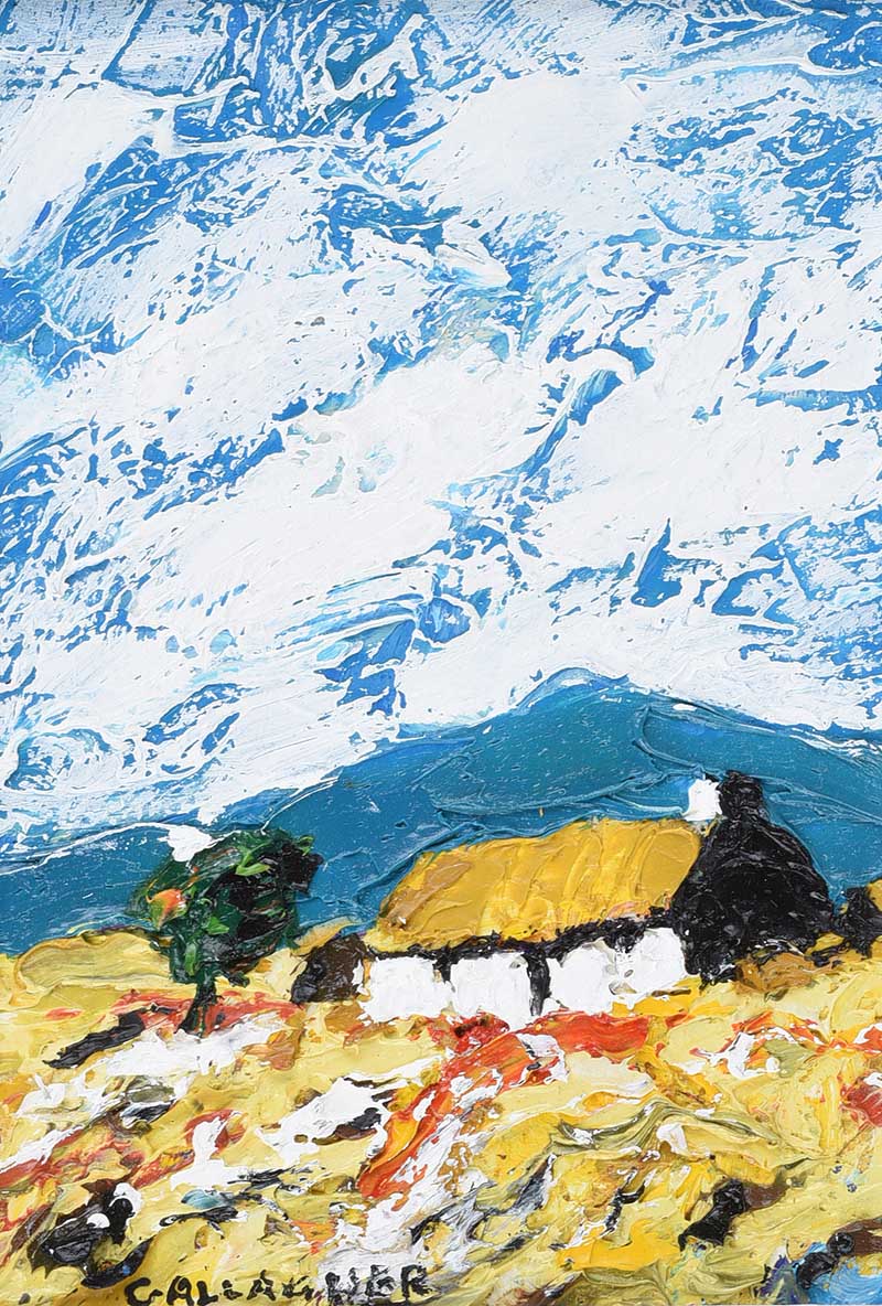 Martin Gallagher - THATCHED COTTAGE ON THE HILLSIDE - Oil on Board - 7 x 5 inches - Signed