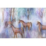 Gladys Maccabe, HRUA - HORSES IN A FOREST - Oil on Board - 24 x 36 inches - Signed