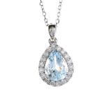 18CT WHITE GOLD AQUAMARINE AND DIAMOND NECKLACE