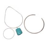 TWO STERLING SILVER NECKLACES AND A BANGLE, ONE COLLAR SET WITH TURQUOISE