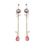 9CT GOLD PEARL AND TOURMALINE DROP EARRINGS