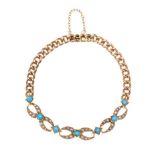 VICTORIAN 15CT GOLD BRACELET SET WITH TURQUOISE AND SEED PEARLS