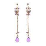 9CT GOLD PEARL AND AMETHYST DROP EARRINGS