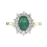 18CT GOLD EMERALD AND DIAMOND CLUSTER RING