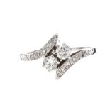 FRENCH ART DECO 14CT WHITE GOLD DIAMOND TWO STONE RING