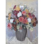 Hilary Bryson - STILL LIFE, ROSES & YELLOW ACHILLEA IN A STRIPED BROWN JUG - Pastel on Paper - 21